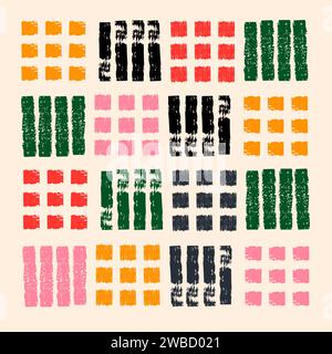 Set aus bunten Pinselstrichen, Linien, Kritzeleien und Punkten. Strukturierte Elemente. Grobe Schleifkanten. Künstlerische Pinsel. Auffällige Linien. Handgezeichnet trocken c Stock Vektor