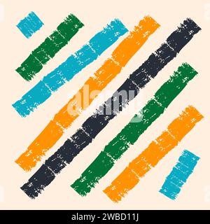 Set aus bunten Pinselstrichen, Linien, Kritzeleien. Strukturierte Elemente. Grobe Schleifkanten. Künstlerische Pinsel. Auffällige Linien. Handgezeichneter, trockener Pinseltext Stock Vektor