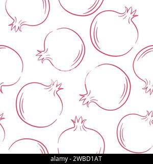 Nahtloses Granatapfelmuster im Line-Art-Stil. Design für Verpackungen, Textilien, Postkarten, Menüs und Poster. Vektorillustration auf weißem Hintergrund. Stock Vektor