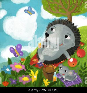 Zeichentrickszene mit verschiedenen Waldtieren Freunde Igel Vogel Schmetterling Illustration für Kinder Stockfoto