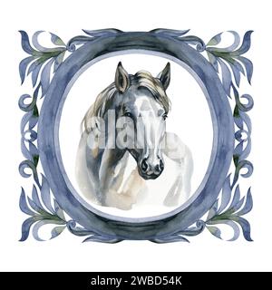 Weißes Pferd im Vintage-Rahmen, Kreis, antike Illustration isoliert auf weißem Hintergrund. Hochformat, Kopf. Aquarell. Abbildung Stockfoto