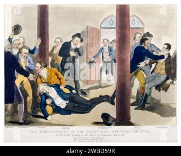 Der britische Premierminister Spencer Perceval (1762–1812) wird am 11. Mai 1812 von John Bellingham in der Lobby des House of Commons ermordet, handkolorierter Druck von John Heaviside Clark, 1812 Stockfoto