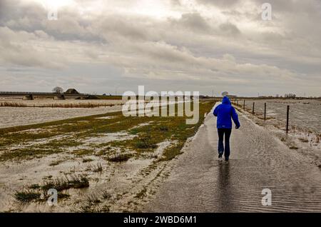 Werkendam, Niederlande, 29. Dezember 2024: Wanderer auf einer Straße, auf der Wasser bei Flut vom Fluss in die Nebenkanäle fließt Stockfoto