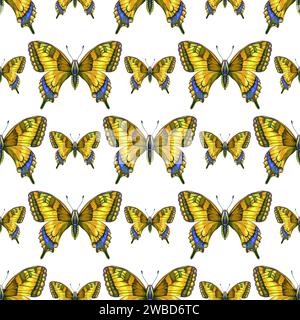 Helles Schmetterlingsmuster auf gelbem Hintergrund. Mit Markierungen gezeichnet. Für Stoff, Skizzenbuch, Tapeten, Geschenkpapier. Stockfoto