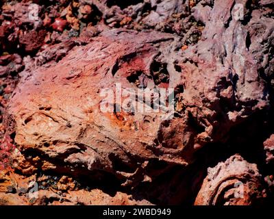 Detail der roten Felsen, raue Textur von Lavaströmen, die aus dem Vulkan Fournaise in Réunion, Frankreich ausbrechen. Pahoehoe Lavastein Stockfoto