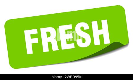 Frischer Aufkleber. Frisches rechteckiges Etikett isoliert auf weißem Hintergrund Stock Vektor
