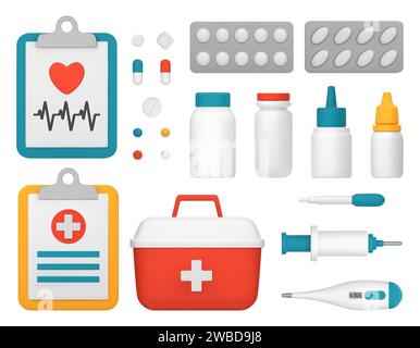 Ein erste-Hilfe-Kasten mit medizinischem Zubehör. Satz von medizinischen Gegenständen, Thermometer, Spritze, Pipette, Tabletten. 3D-Vektorillustration isoliert auf einem weißen Hintergrund Stock Vektor