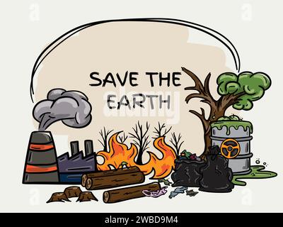 Bunte Vektor-handgezeichnete Illustration mit schmelzendem Eisberg und Symbolen der globalen Erwärmung und des Klimawandels Stock Vektor