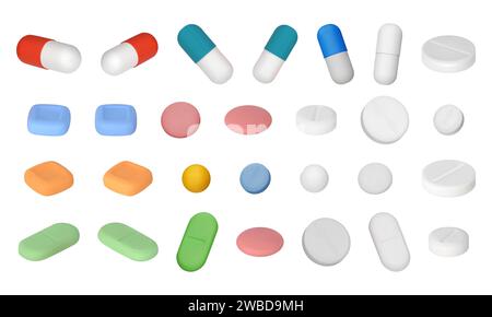 Set verschiedener 3D-Vektorpillen. Arzneimittel, Tabletten, Kapseln, Arzneimittel von Schmerzmitteln, Antibiotika, Vitamine. Arzneimittel im Gesundheitswesen. Vektorabbildung Stock Vektor