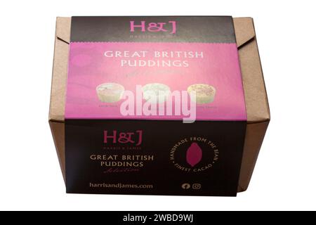 Schachtel mit H&J Harris & James Great British Puddings Selection Pralinen isoliert auf weißem Hintergrund - handgefertigt aus feinstem Kakao aus Bohnen Stockfoto