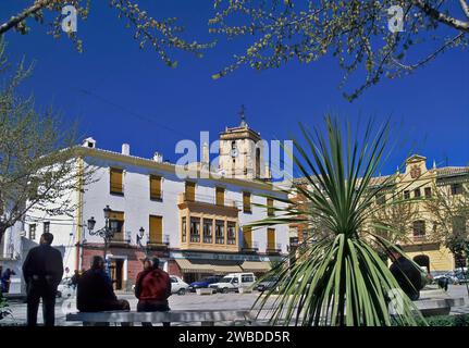 Entspannende Männer, agava, zentraler Platz in ORCE, Andalusien, Provinz Granada, Spanien Stockfoto