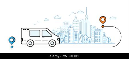 Bus- und Kartensymbol. Lieferweg in die Stadt. Blau und weiß. Durch Wald Stock Vektor