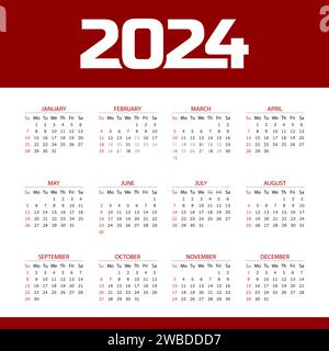 Quadratisches Kalenderjahr 2024. Vektorvorlagenkalender. Rotes Design Stock Vektor