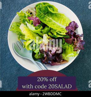 Kombination aus 20 % Rabatt mit Code 20Salattext über Teller mit Gemüsesalat. Isoliertes Bild, Verkauf, Einkaufen, Code, Informationen, Essen und Trinken Stockfoto