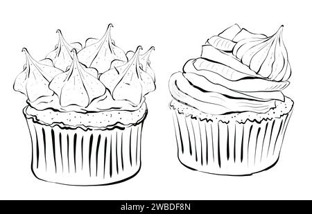 Set von grafischen Zeichnungen für Cupcakes. Handgezeichnete Illustration isoliert auf weißem Hintergrund. Symbol für Logo oder Menü des Cafés und Restaurants. Stockfoto