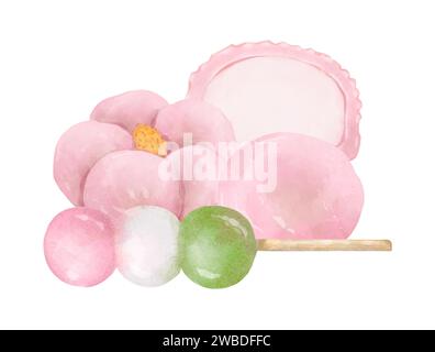 Traditionelles japanisches Dessert rosa Blüte aus Reismehl. Handgezeichnete Illustration isoliert auf weißem Hintergrund. Designelement für Menü, Logo, PA Stockfoto