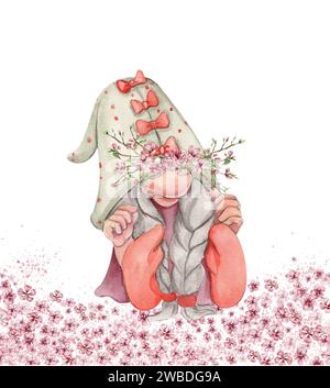 Komposition mit nordischen Gnomen, skandinavischen Gnomen und Blumen. Niedliche valentinstag-Postkarte. Aquarellelemente zum Geburtstag, Kuchen, holi Stockfoto