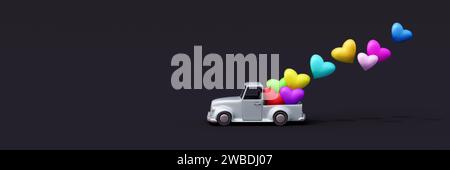Das weiße Auto trägt farbenfrohe Herzen. Valentinstag-Konzept auf schwarzem Hintergrund 3D-Rendering 3D-Illustration Stockfoto