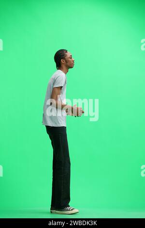 Ein Mann in einem grauen T-Shirt, auf grünem Hintergrund, in voller Größe Stockfoto