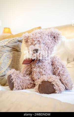 Ein süßer brauner Teddybär, der auf einem gemütlichen Bett sitzt Stockfoto