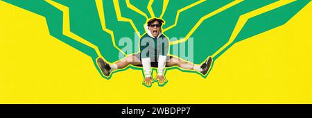 Emotionaler, glücklicher, aufgeregter junger Mann in Sportbekleidung und Sonnenbrille, der fröhlich über leuchtend gelb-grünen Hintergrund springt. Zeitgenössische Kunstcollage. Stockfoto