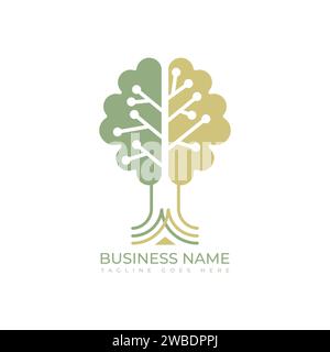 Design-Konzept für Digital Tree-Logo, Gehirn und Baum für Technologieunternehmen. Tree TECH Logo kreatives Netzwerk Gehirn Smart Innovation Icon Design c Stock Vektor