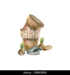 Aquarell Terrakotta Blumentöpfe, Blumen und Schaufel. Handgezeichnete rustikale Illustration für Blumengeschäft Dekor, Etikett, Logo Design Stockfoto