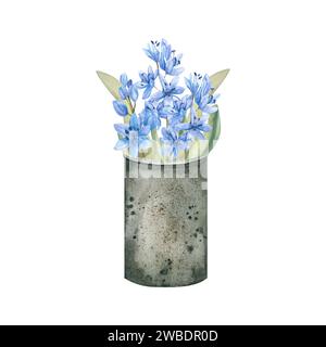Aquarell-Frühlingsgarten-Illustration. Eisendose mit lilablauen Blüten Proleski und grünen Blättern. Blumenanordnung für Label, Logo-Design. Stockfoto