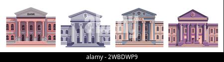 Bankgebäude Icons Vektor isoliert auf weiß gesetzt. Stock Vektor