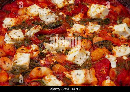 Knusprig gegrillter Feta mit sautigen Butterbohnen aus nächster Nähe Stockfoto