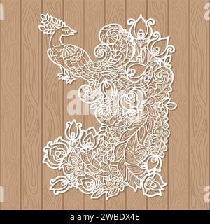 Pfau mit einem schönen, langen Schwanz. Schablone zum Laserschneiden von Papier, Karton, Holz, Metall. Vintage-Stil. Dekorativer Vogel für dein Design Stock Vektor