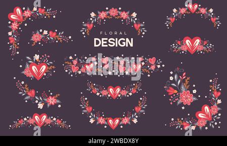 Blumengestelle mit Blumen und Herzen. Stock Vektor