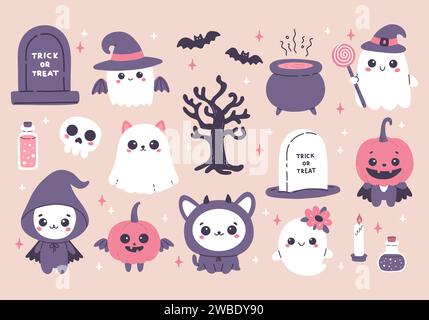 Happy Halloween süßes Set, Kürbiskopf, Skelett, Geist, Fledermaus und mehr Stock Vektor