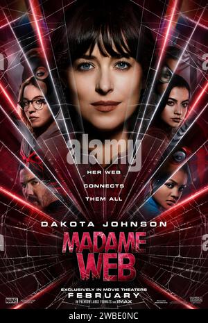 Madame Web (2024) von S.J. Clarkson mit Dakota Johnson, Sydney Sweeney, Isabela Merced und Emma Roberts. Cassandra Webb ist eine Sanitäterin aus New York, die Anzeichen von Hellsehen zeigt. Sie muss drei junge Frauen vor einem mysteriösen Gegner schützen, der sie tot sehen will. US Advance Poster ***NUR FÜR REDAKTIONELLE ZWECKE***. Quelle: BFA / Columbia Pictures Stockfoto