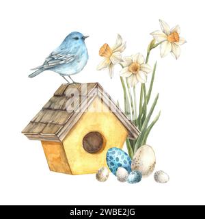 Aquarell Ostern Illustration mit blauem Vogel, gelbem Haus, Ostereiern und Narzissen. Handgezeichnet auf isoliertem Hintergrund zur Begrüßung ca. Stockfoto