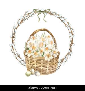 Aquarellweidenkranz mit Korb, weißen Narzissen und Ostereiern. Illustration auf isoliertem Hintergrund für Grußkarten Stockfoto