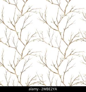 Aquarellmuster von Frühlingszweigen auf weißem Hintergrund. Illustration Hand auf isoliertem Hintergrund für Grußkarten, Einladungen, Happy Holidays Stockfoto