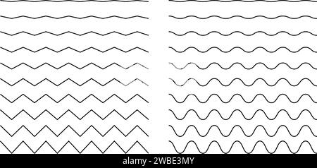 Wellen- und Zickzack-horizontale Linien. Einfache geschwungene und gezackte dekorative Ränder isoliert auf weißem Hintergrund. Wasser, Meer, Ozean, Fluss, Luft, Windschilder. Gewellte Konturstrukturen. Vektorabbildung Stock Vektor