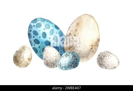 Aquarell Osterkomposition mit weißen und blauen Eiern. Skizze auf isoliertem Hintergrund für Grußkarten, Einladungen, Banner, Poster, Textilien, gra Stockfoto