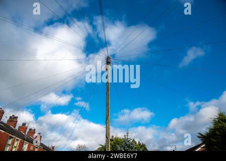 Telegrafenmast mit Telefonleitungen, Ribchester, Lancashire, Großbritannien. Stockfoto