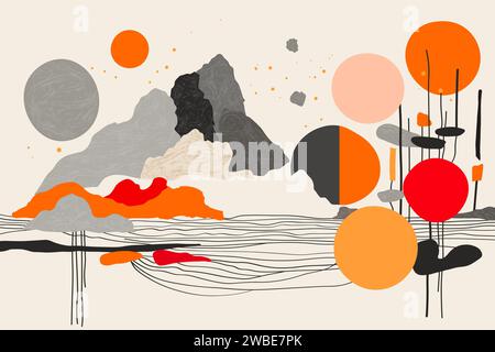 Minimalistischer moderner Kunsthintergrund im Boho-Stil. Zeitgenössische ästhetische abstrakte Landschaft. Trendige Vektorillustration Stock Vektor