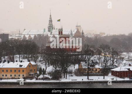 Ein Schneesturm in Stockholm, Schweden. Das Schloss Kastellet in Rot auf Kastellholmen mit schwedischer Flagge, das Nordische Museum im Hintergrund. Stockfoto
