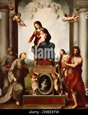 Sacra Conversazione tra la Madonna in trono Col Bambino e i santi Antonio,Francesco,Caterina d’Alessandria e Giovanni Battista, detta “La Madonna di S Stockfoto