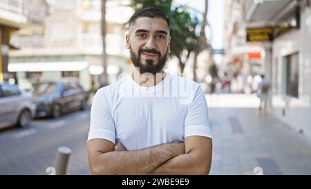 Selbstbewusster junger bärtiger Mann mit überkreuzten Armen, der auf einer sonnigen Stadtstraße steht Stockfoto