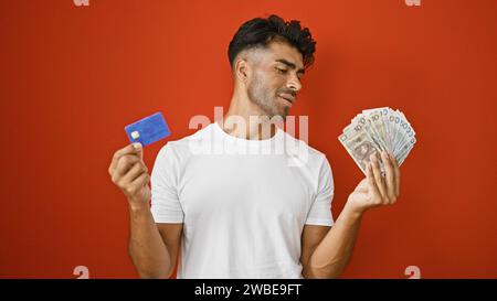 Schöner hispanischer Mann, der Kreditkarte mit polnischem Zloty auf isoliertem rotem Hintergrund vergleicht. Stockfoto