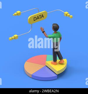 3D-Illustration des asiatischen Mannes Felix steht auf einem Stück des Diagrammkreises und einer großen gelben Schaltfläche, die Daten, Datenanalyse.3D-Rendering auf blauem Hintergrund anzeigt. Stockfoto
