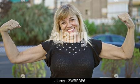 Fröhliche blonde Frau mittleren Alters, die Selbstvertrauen ausstrahlt, lächelt und eine kräftige Geste auf einer sonnigen Straße demonstriert. Stockfoto