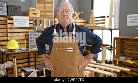Senior man, ein professioneller Zimmermann mit weißen Haaren, der in seiner Werkstatt mitten im Holz steht, ein Zeugnis reifer Holzbearbeitung Stockfoto