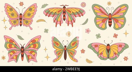 Groovige Schmetterlingsaufkleber Set. Hippie 60er Jahre 70er Jahre Style. Romantisches Blumenzeichen im trendigen Retro-Stil. Gelbe, rosafarbene grüne Farben. Vektorabbildung Stock Vektor