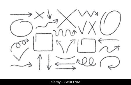 Handgezeichnete Kritzelkreide Pinsel mathematische Schulschilder für Diagramme. Kreuze, Häkchen, Kreise, Pfeile im schwarzen Grunge-Stil. Freihand-einfaches Wachs Stock Vektor